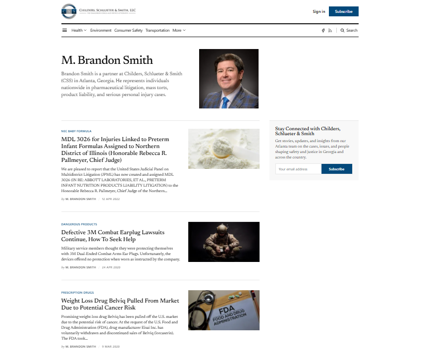 Screenshot of an attorney contributor page in a Firm Newsletter on publish.law, featuring bio, headshot, and list of authored legal articles.