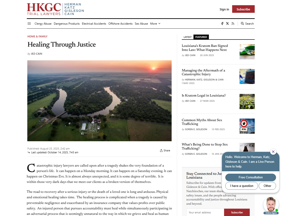 Screenshot of a law firm article on Publish.law showing a featured image, story content, related posts sidebar, and live chat consultation prompt.