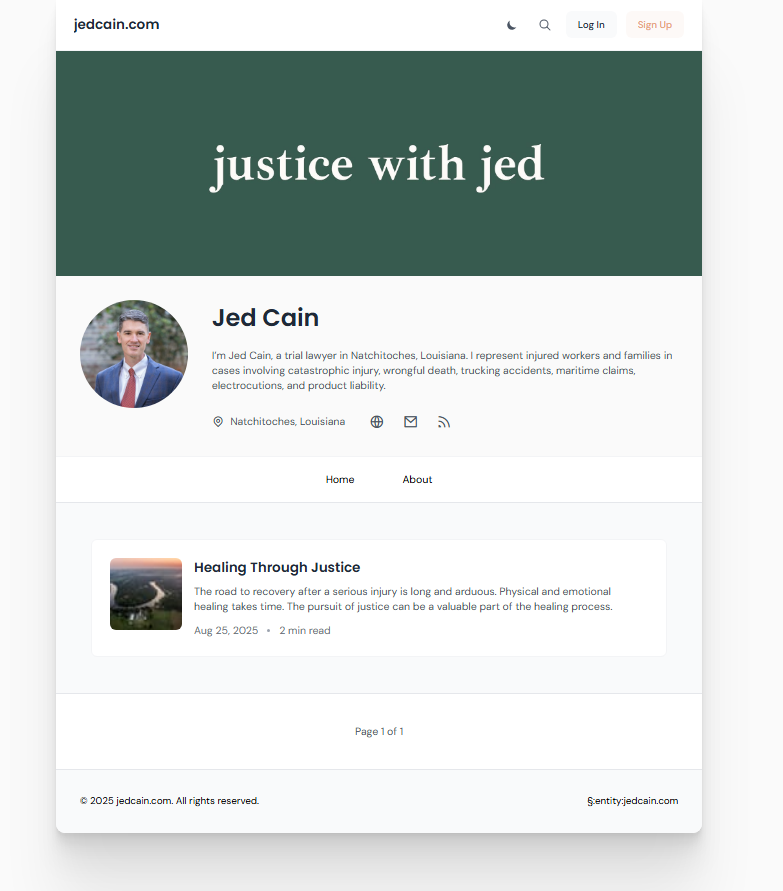 Screenshot of Jed Cain’s Attorney Hub site on Publish.law titled “Justice with Jed,” featuring his profile, location, and latest post on healing.