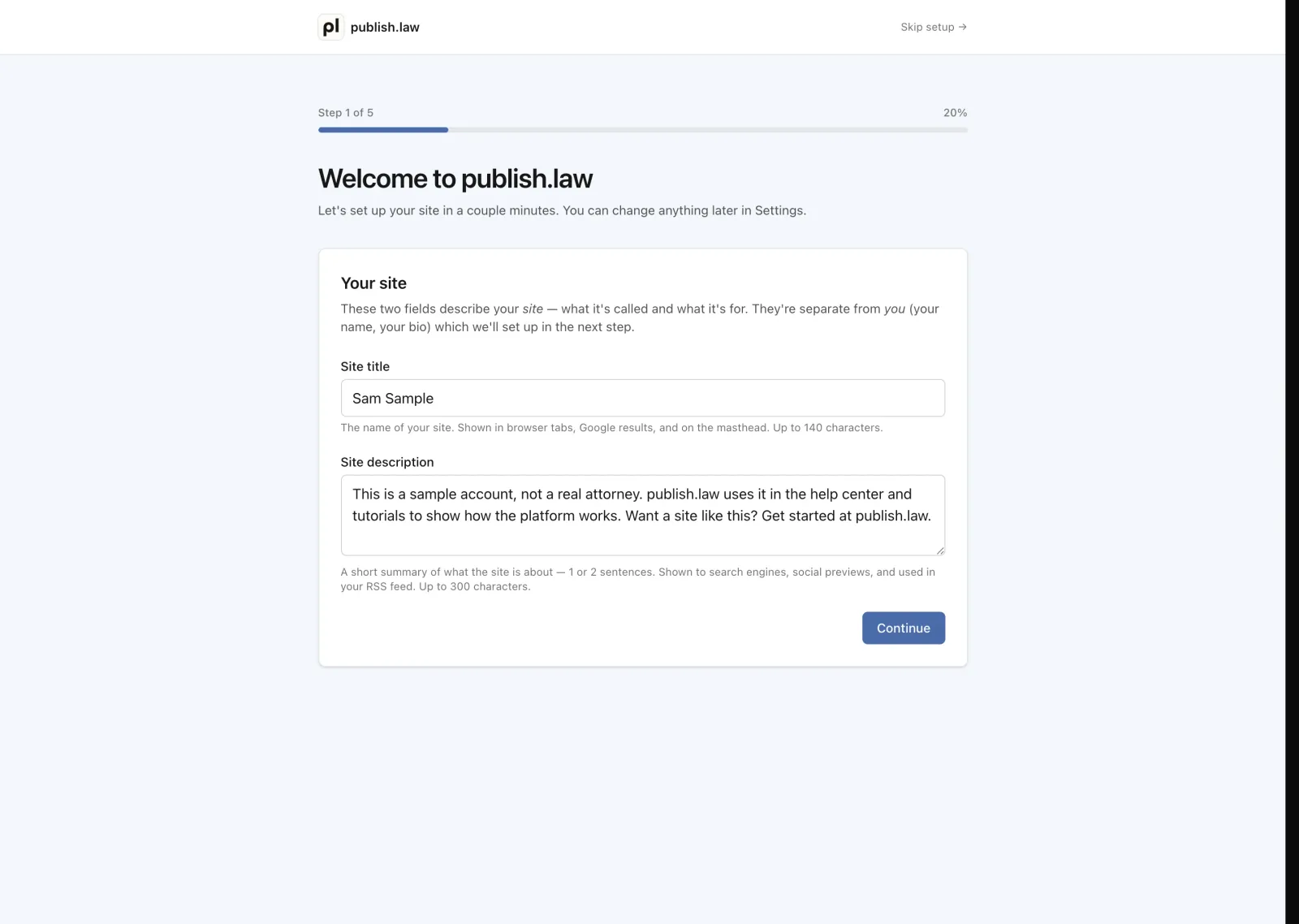 The publish.law first-run setup wizard, showing step 1 of 5
